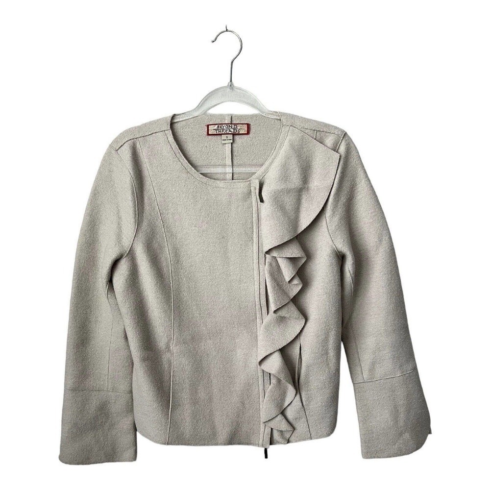 Beyond Threads Womens Alpaca Wool Blend Tan Jacket Ruffle Zip Size Small